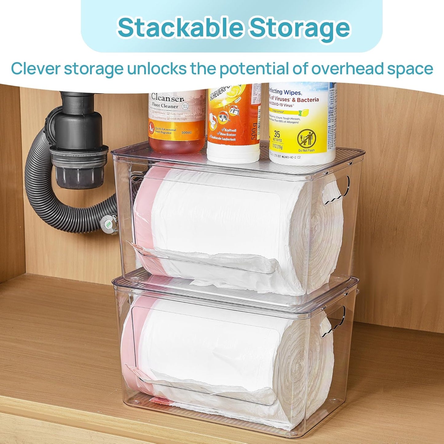 Vtopmart 2 Pack Trash Bag Holder, Stackable Garbage Bag Dispenser for 13/30/33 Gallon Bags, Clear Organizer Bins for Under Kitchen Sink, Laundry Room Organization and Storage