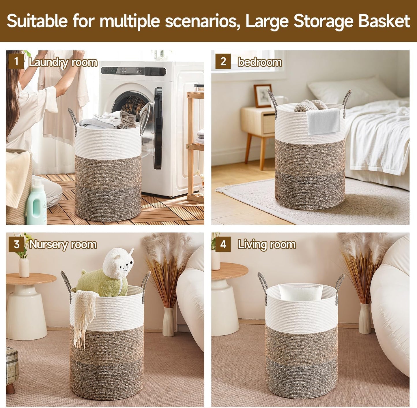 CLHMILY&Z 80L Laundry Basket Round Storage Rope Basket - 16.5x22.5 Inches - Laundry Hamper in Bedreoom and Mutil Storage Bin for Blankets, Toys, and Nursery Essentials