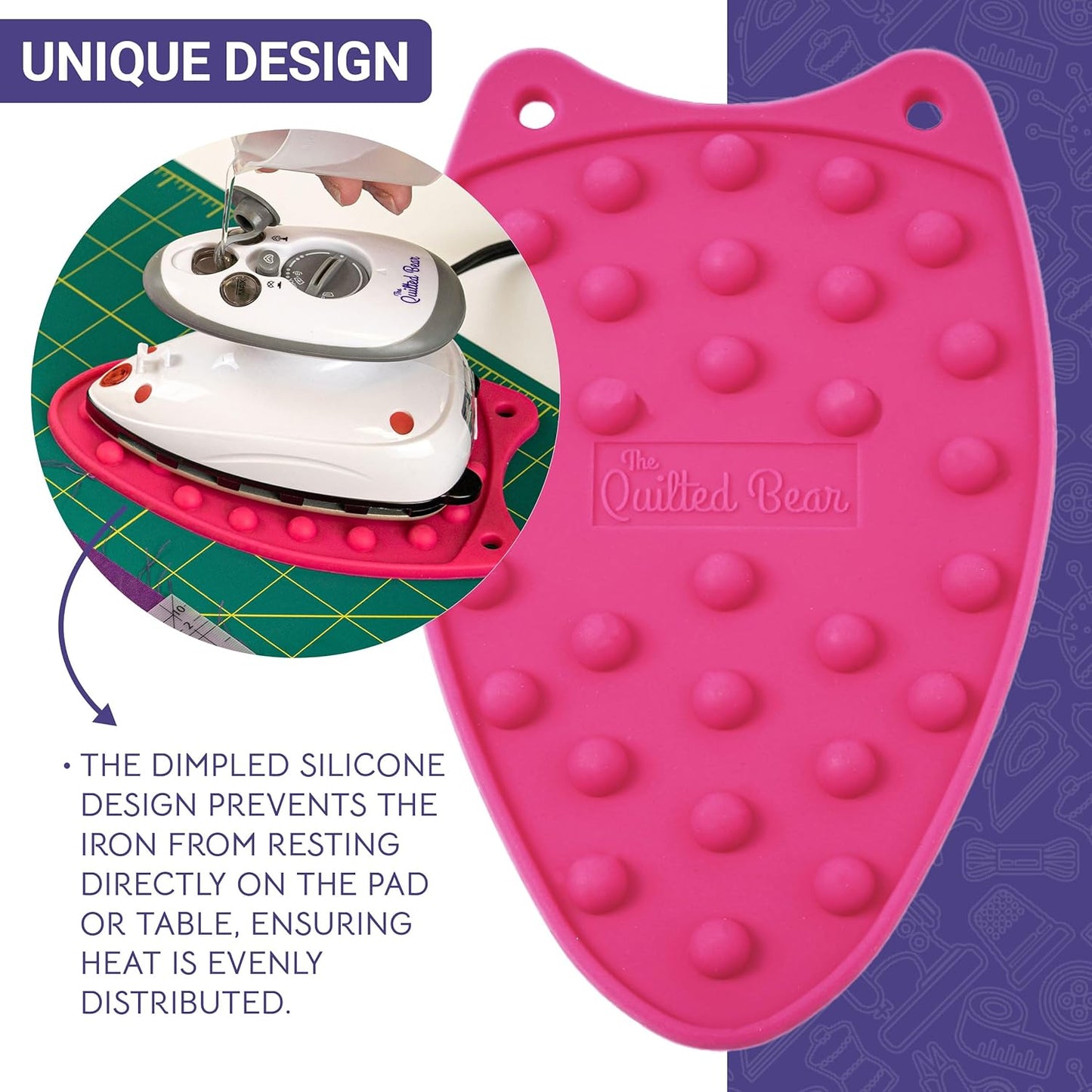 The Quilted Bear Mini Iron Rest - Silicone Heat Resistant Mat for Stress-Free Crafting, Sewing & Quilting Supplies - Durable and Protective Surface for Mini Iron (Pink)