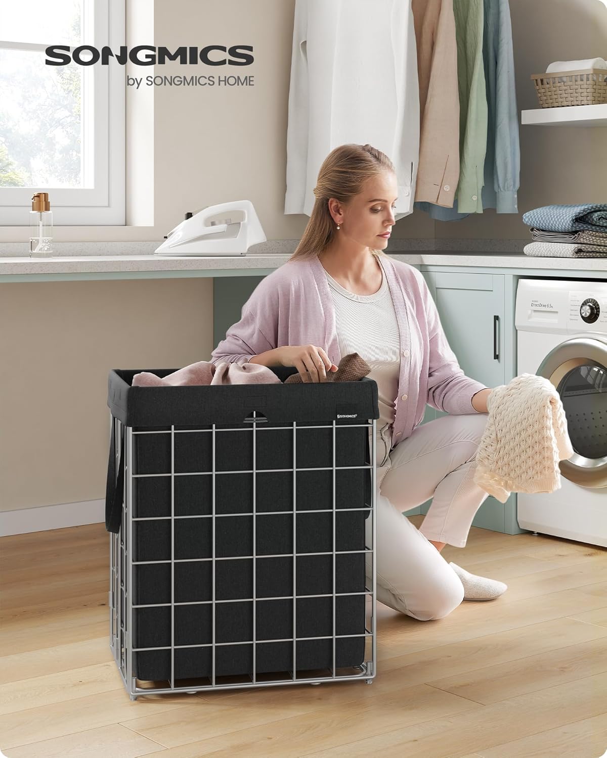 SONGMICS Laundry Hamper, 23.8 Gal. (90L) Laundry Basket, Collapsible Clothes Hamper, Removable and Washable Liner, Metal Wire Frame, for Bedroom Bathroom, Silver and Classic Black ULCB190B01