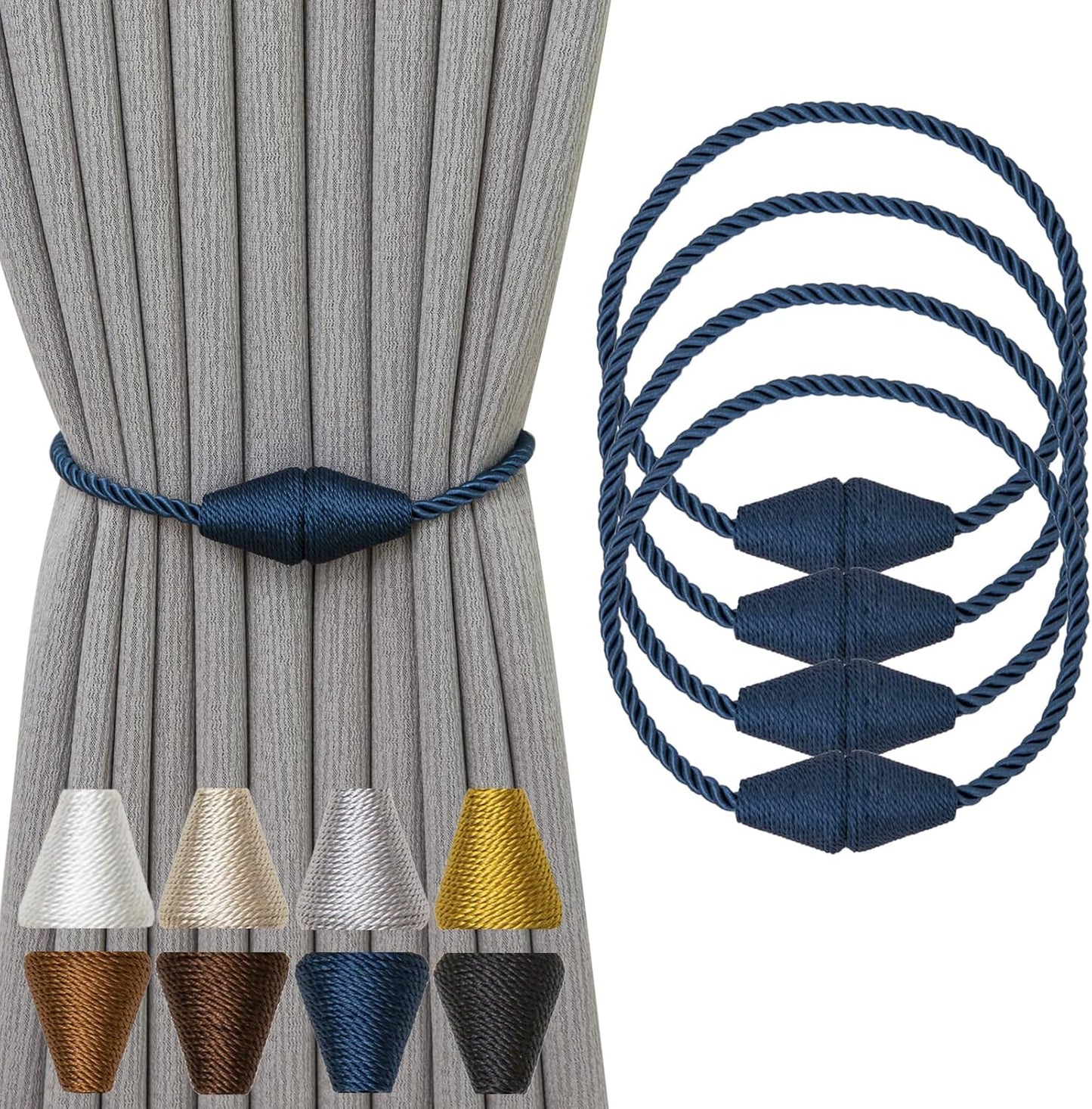 Magnetic Curtain Tiebacks 4 Pack Outdoor Rope Curtain Tie Backs Decorative Window Treatment Holdbacks for Home Decorative Curtain, Blue