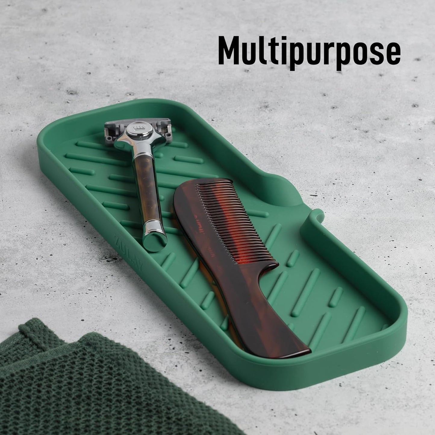 Zulay Kitchen Large Silicone Sponge Holder (12x4) – Flexible Sink Organizer Tray for Kitchen & Bathroom – Multipurpose Soap Dish for Sponges, Makeup, Trinkets & More (Pine Green)