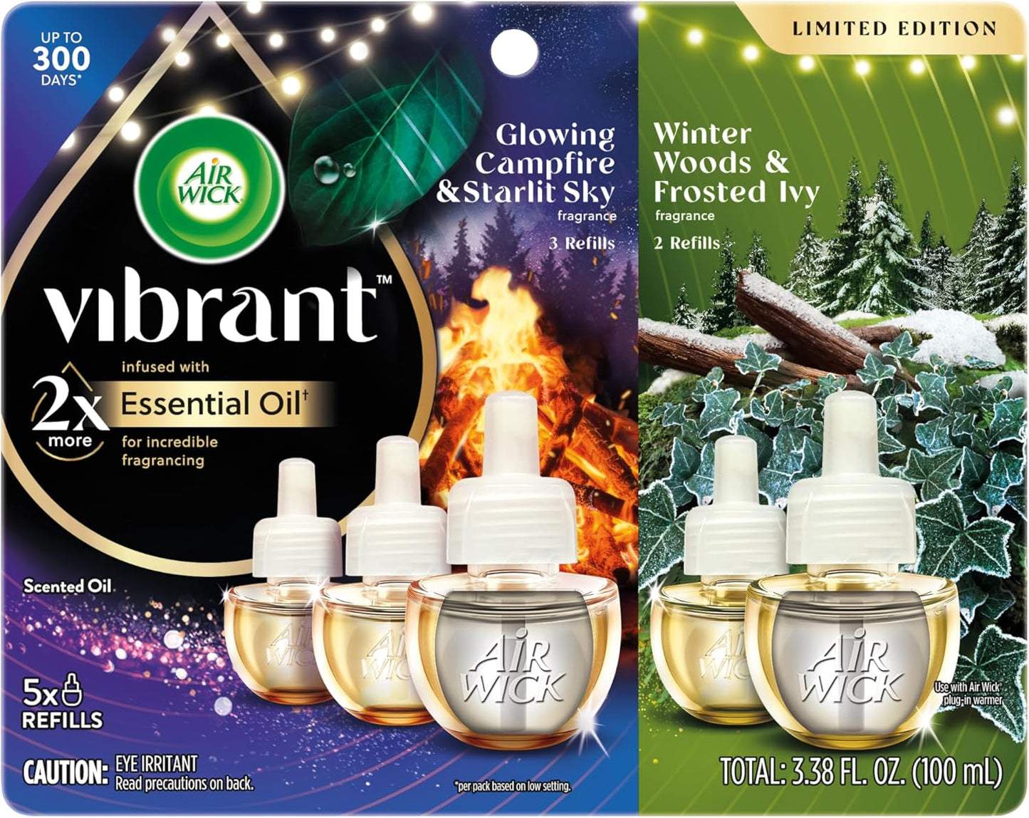 Air Wick Plug In Vibrant Scented Oil, Campfire + Winter Woods, Air Fresheners for Home Long Lasting,Home Room Fresheners,Air Freshener Plug In, House Essentials for Small Spaces + Large Spaces,5 ct