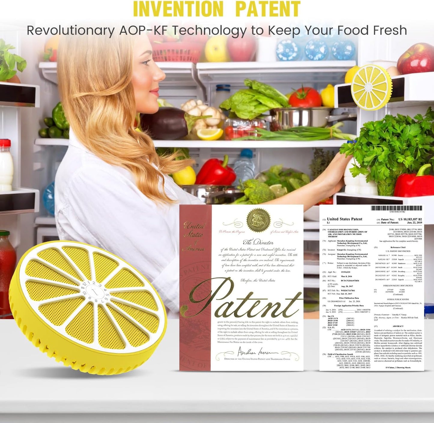 Refrigerator Deodorizer for Kitchen & Small Spaces, 2 Years Fresh Odor Eliminator for Fridge with AOP-KF Solid Alkali Tech, Lemon Design & Adjustable Clip Design (2.7"/50g)