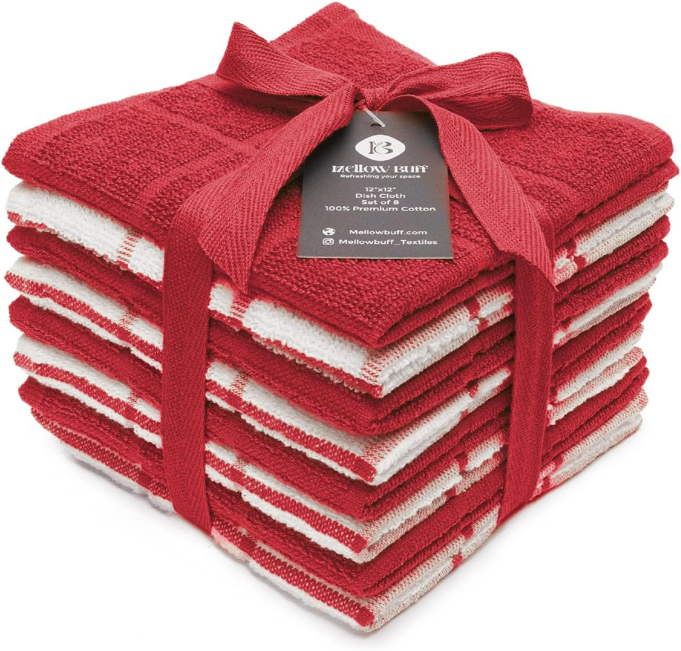 100% Cotton Terry Dish Cloth & Dish Towel, 6 Pack, Super Soft and Absorbent Kitchen Towels, Perfect for Kitchen Cleaning and Dish Washing (RED (Solid and Checks) 8 Pack)