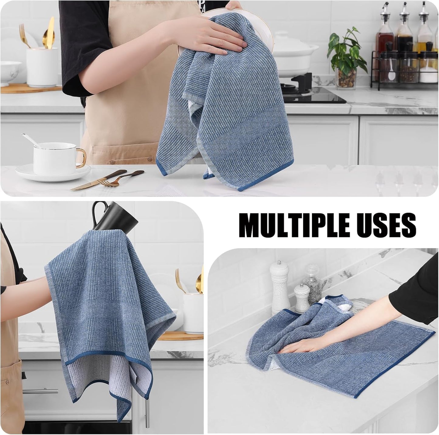Homaxy Premium Kitchen Towels(18”x 28”, 8 Pack), Large Cotton Kitchen Hand Towels, Flat and Terry Dish Towels, 380 GSM Highly Absorbent Tea Towel Set with Hanging Loop, Navy Blue