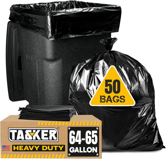 Tasker 65 Gallon Trash Bags Heavy Duty | 50 Count with Ties | Extra Large 64 Gallon Trash Bags for Toter | Garbage Bag 65 Gallon Trash Can Liners