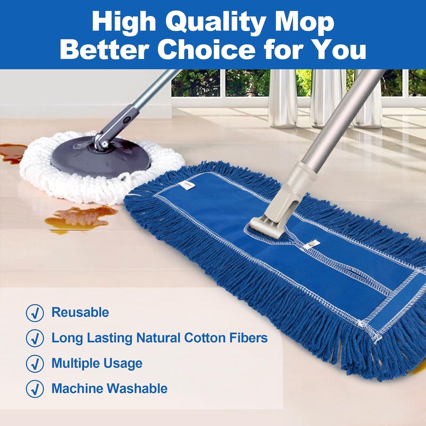 4 Pack - 24-Inch Washable Dust Mop Heads – Full Cloth, Extra Durable, Easy Button - No Clinging to Hair or Fur, Easy to Use Replacement for Commercial and Home Cleaning - iDeaology