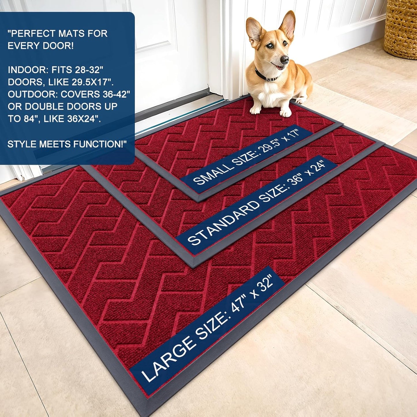 OLANLY Front Door Mat Indoor Outdoor Entrance, Waterproof All-Season, All-Weather Doormat, Sturdy Natural Rubber, Low Profile, Easy Clean Patio Porch Entryway Mat, Herringbone Brick (Wine Red, 47x23)