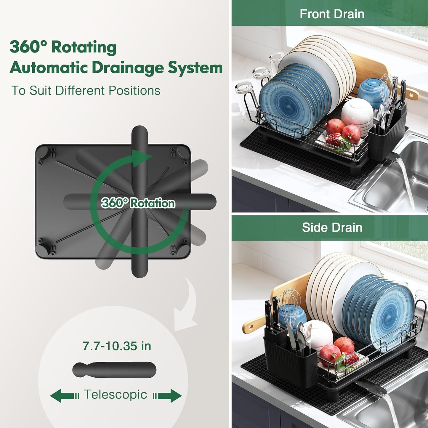 JASIWAY Stainless Steel Black Dish Drainers Drying Rack for Kitchen Counter with Drainboard, Rust Proof Metal, Space Saving, Modern Aesthetic, Compact Plates Dryer Strainers with Tray and Extra Mat