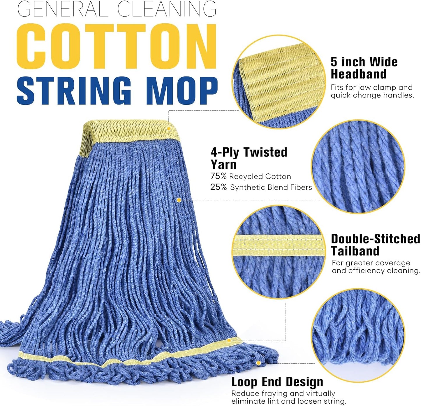 Matthew Cleaning Commercial Mop Head Replacement, 5 Inch Wide Headband, Looped End Cotton Blend String Wet Mops for Floor Cleaning, 24 oz Large, 1-Pack Blue