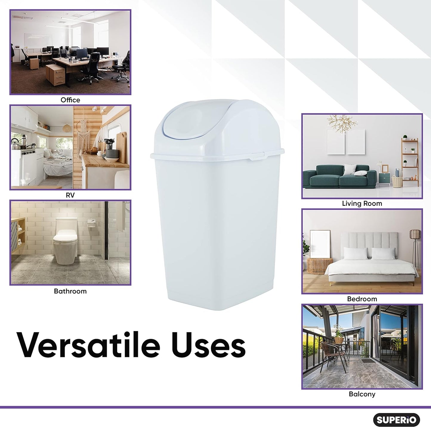 Superio Small Plastic Trash Can with Swing Top Lid, Compact Slim Waste Bin for Under Desk, Office, Bedroom, Bathroom, Dorm Room, 10 Qt. Portable Garbage Can 2.5 Gallon (White, 2 Pack)