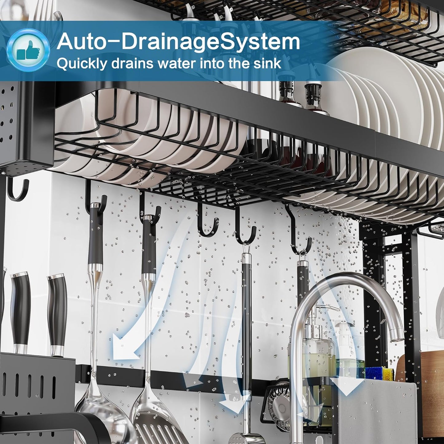 Over The Sink Dish Drying Rack,3 Tier Adjustable Length Full Stainless Steel Large Storage Kitchen Dish Rack,for Kitchen Counter Expandable Multifunctional Organizers,Silver(25.5'' to 37.4'')