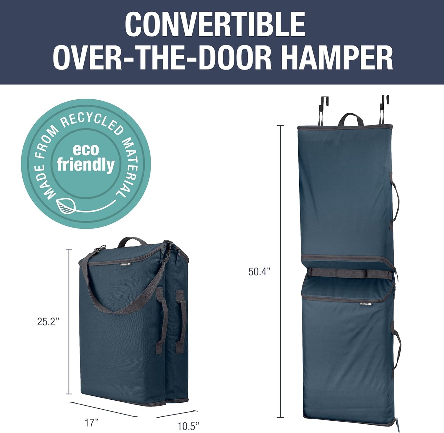 CleverMade Convertible Laundry Hamper Bag - Ocean Dark Charcoal holds 43L / 40 lbs 2 Compartments - Storage with Handles for Home Organization