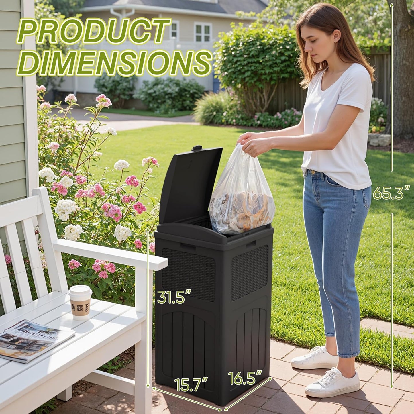 Greesum 33 Gallon Outdoor Trash Can with Lid, Waterproof Resin Garbage Bin for Hideaway, Deck, Patio, Gray