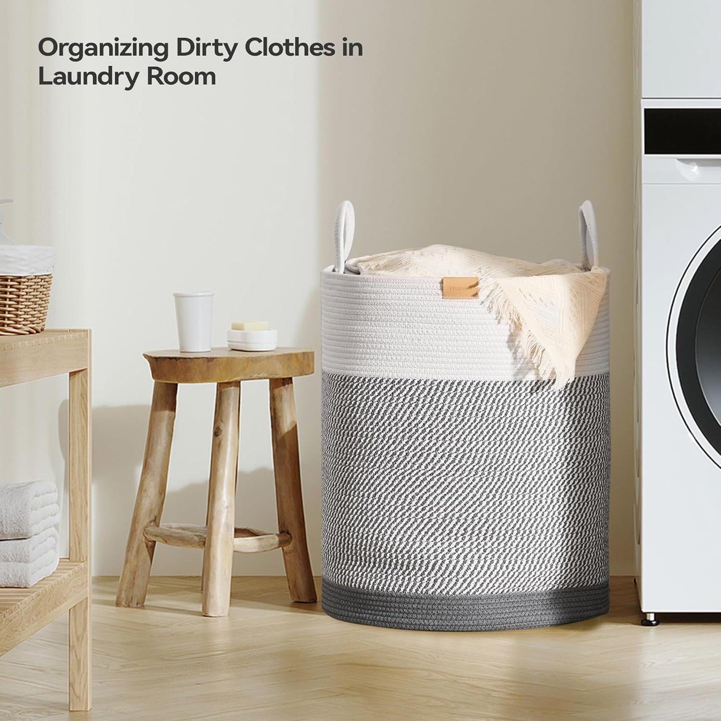 Laundry Hamper 95L,Large Laundry Basket for Clothes,Decorative Storage Basket for Blankets,Cotton Rope Woven basket for bedroom,Grey White