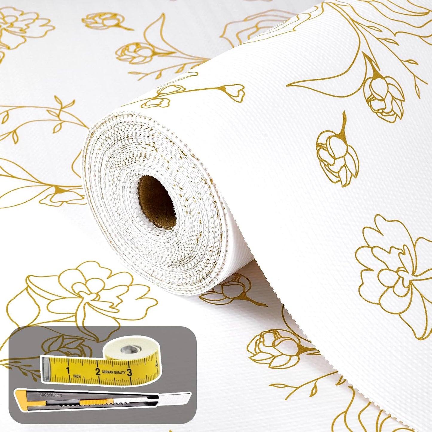 Shelf Liners for Kitchen Cabinets 12in x 39.37FT Non Adhesive Drawer Liner Gold Floral Thickened Shelf Liner Paper Strong Non-Slip Easy to Clean for Tool Box Refrigerator with Knife and Tape Measure