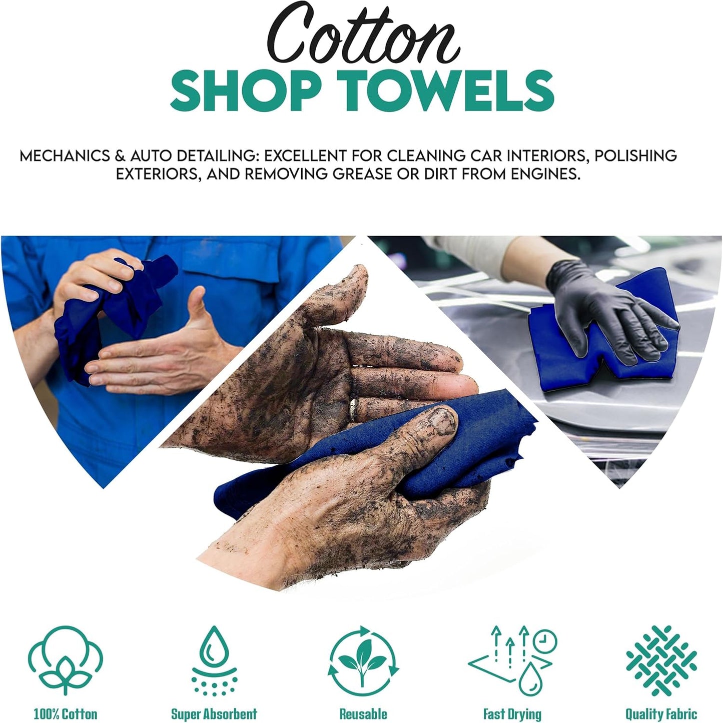 ZUPERIA Cotton Shop Towel – Multipurpose Cleaning Cloths (14" x 12" - Pack of 150 - Blue) Reusable Shop Rags for Automobiles, Industrial, Restaurants, Garage, and Homes