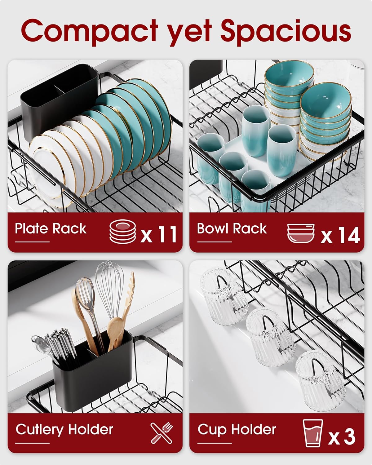 Dish Drying Rack in Sink - Expandable Stainless Steel Dish Rack Over The Sink, Kitchen Sink Drain Strainer with Cutlery Holder & Cup Holders, 15.4 x 11.3 x 6.6 Inch, Black