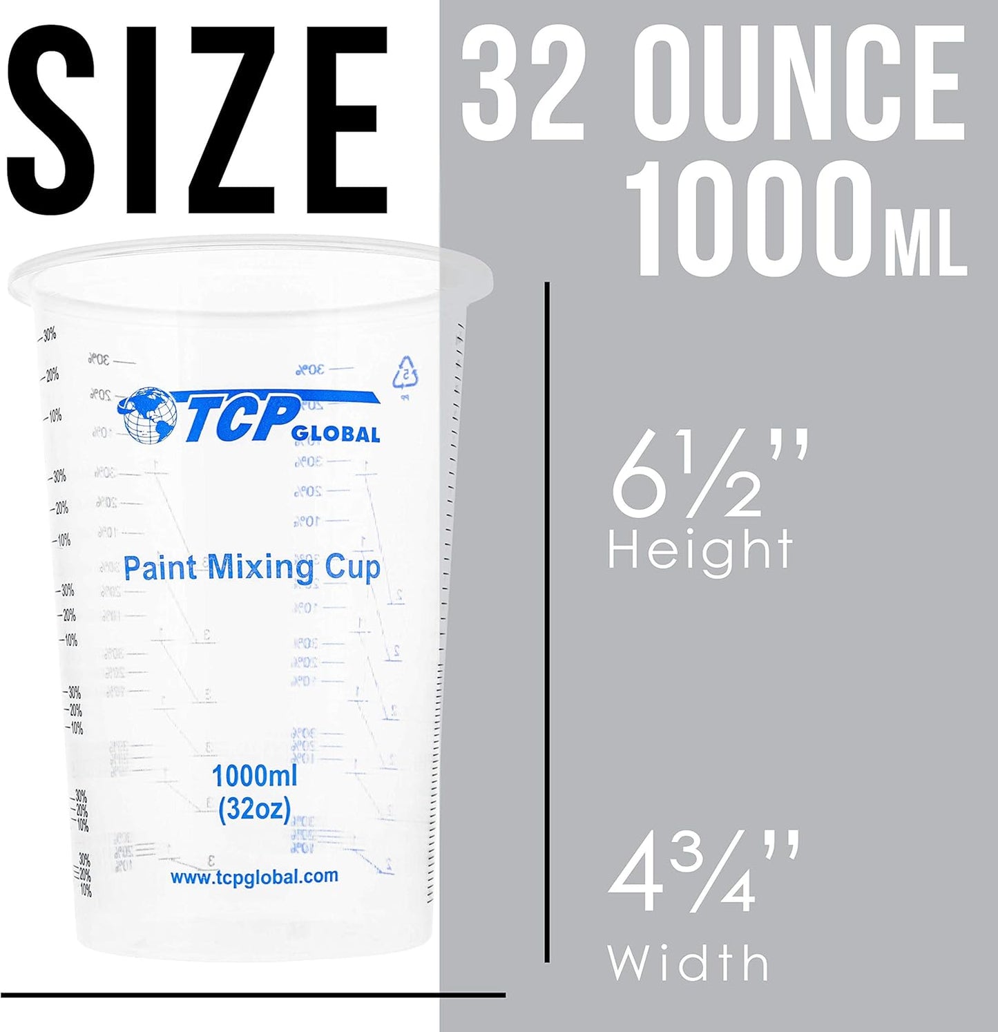 TCP Global 32 oz. (1000ml) Graduated Plastic Mixing Cups (Box of 25) - Disposable Plastic Measuring Cups for Liquids, Paints, Resin, Epoxy, Art, Kitchen - Ratios 2-1, 3-1, 4-1 ML