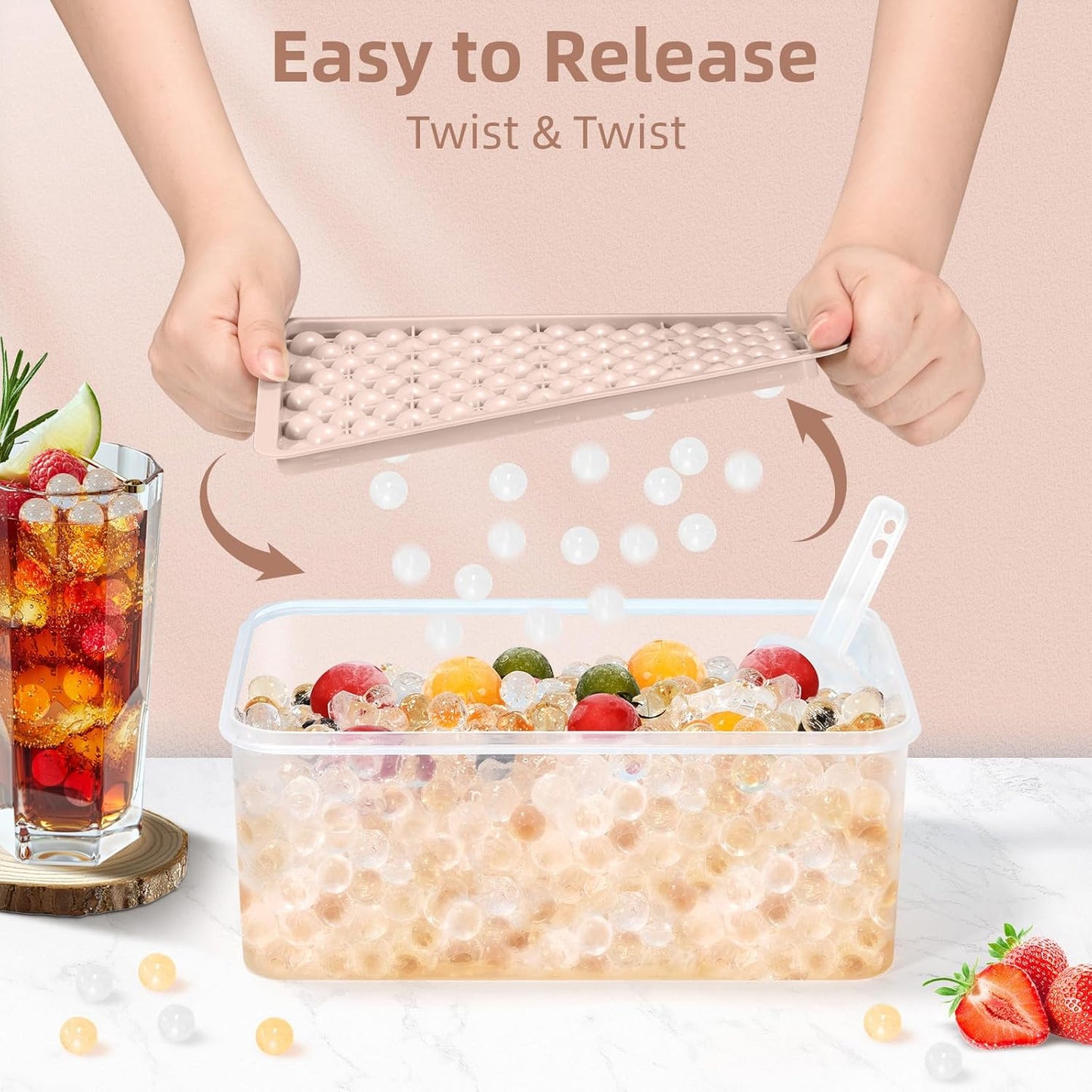 WIBIMEN Mini Ice Cube Trays, Small Tiny Round Pebble Crushed Nugget Ice Trays for Freezer with Lid - Chilling Drinks Coffee Juice(4 Pack/0.55In - Pink)