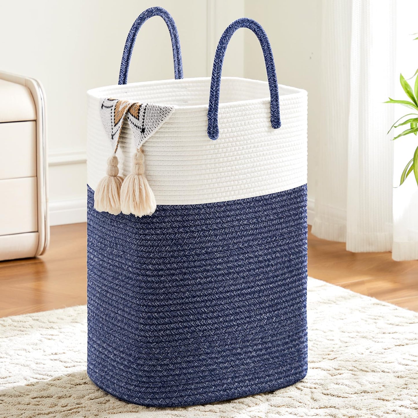 Laundry Basket,Woven Cotton Rope Laundry Hamper,Versatile Storage for Dirty Clothes,Baby Toys,and Blankets in Bathroom, Nursery,and Living Room (Blue, 100L)