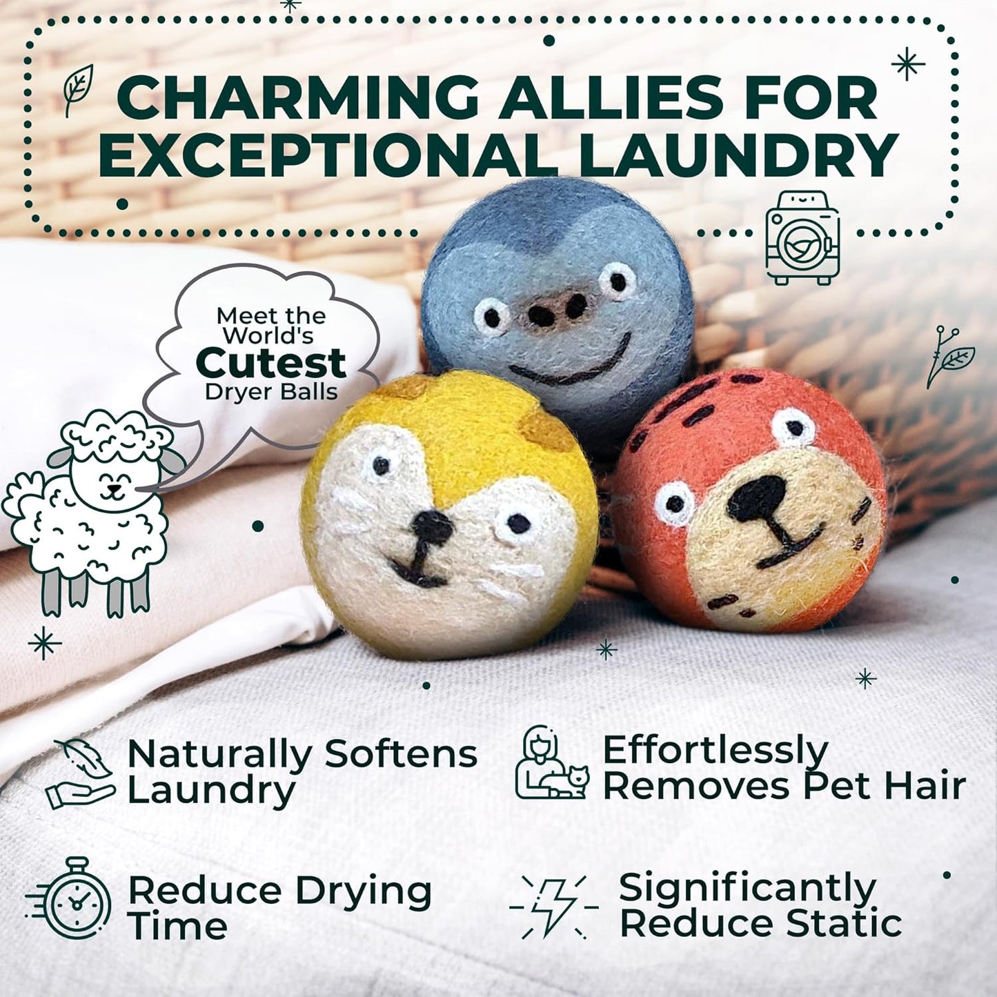 No More Dryer Sheets! Reusable Wool Dryer Balls XL 6-Pack - Reduces Static, Cuts Dry Time, & Softens Naturally