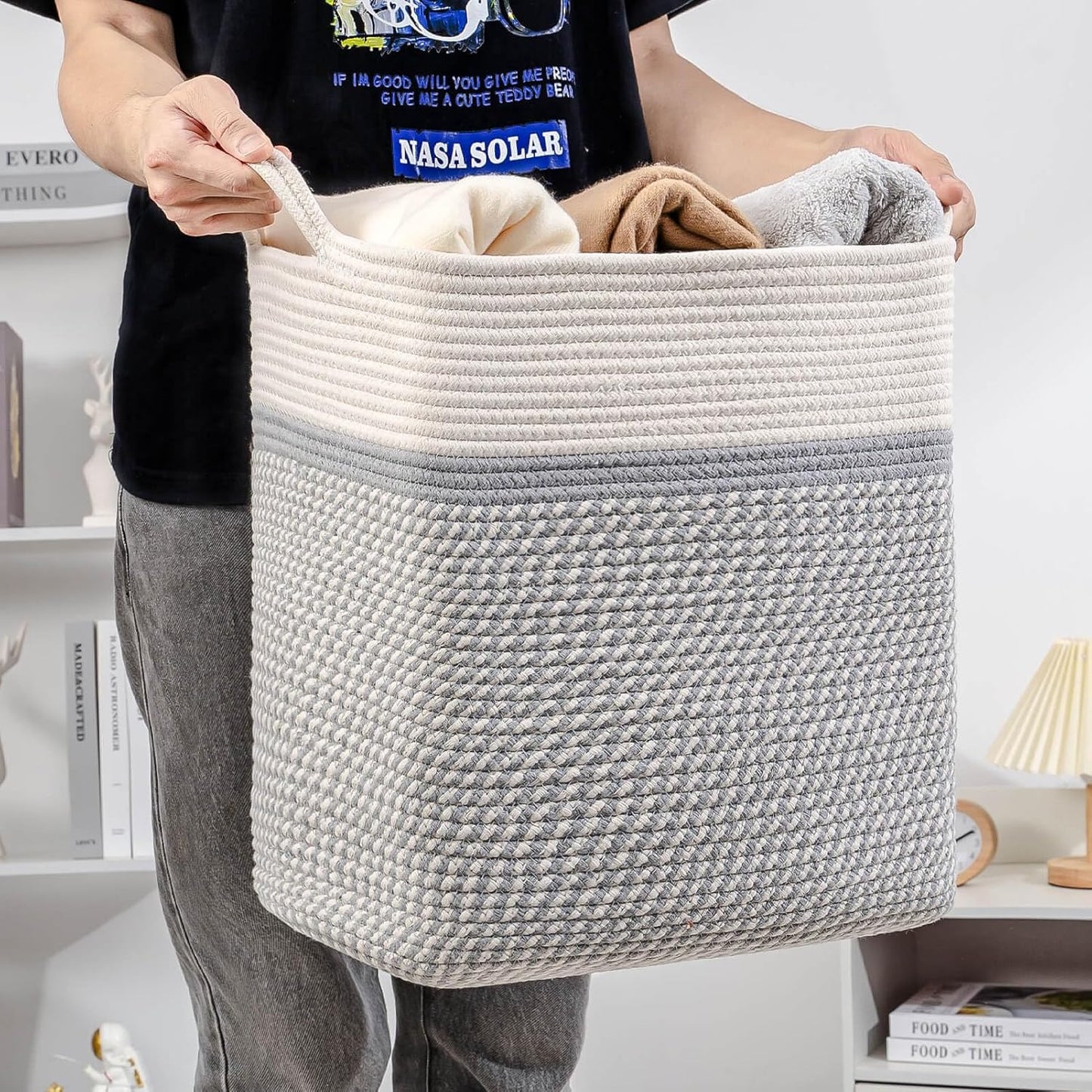 Medium and Large Woven Basket//With Handle, Used for Toys and Fabric Storage Basket used for Storing xl Storage Box, Decorative Storage Box Room (14L*15.7H TWhite/Gray, 14L*10W*15.7H)