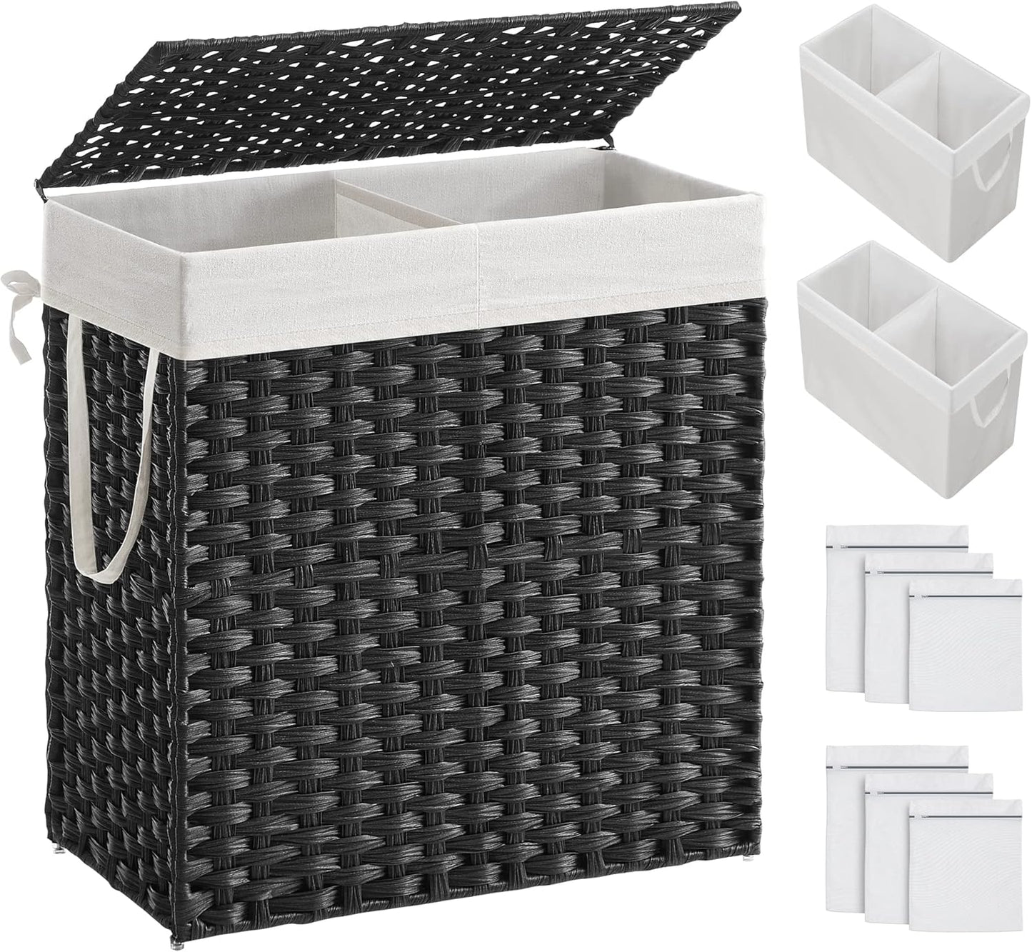 SONGMICS Laundry Hamper with Lid, 110L Clothes Hamper with 2 Removable Liner Bags, 6 Mesh Bags, Wicker Laundry Basket, Double Laundry Hamper for Laundry Room, 13 x 22.4 x 23.6 Inches Black ULCB52BK