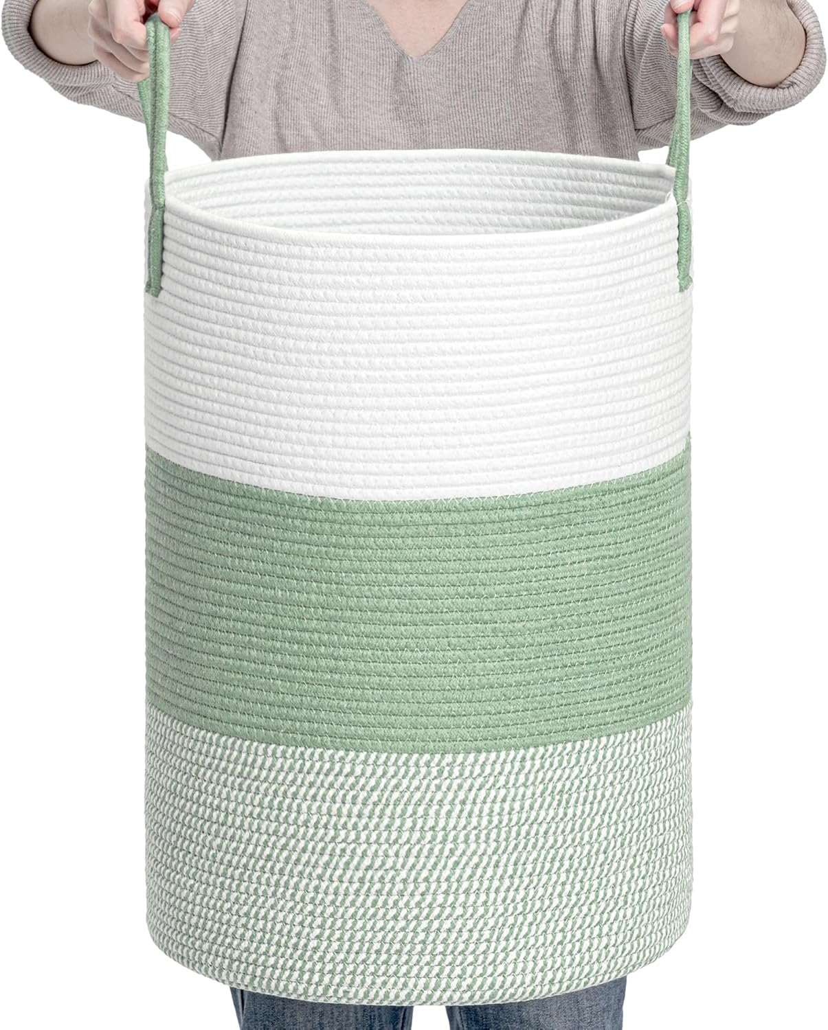 CLHMILY&Z 60L Laundry Basket Round Storage Rope Basket - 15x20.5 Inches - Green Hamper in Bedreoom and Cute Storage Bin for Blankets, Toys, and Nursery Essentials