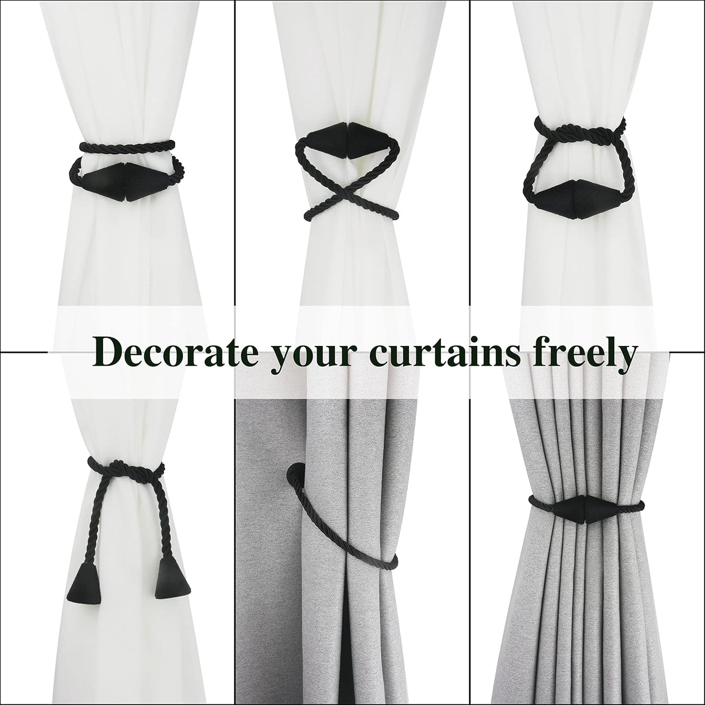 4 Pack Magnetic Curtain Tiebacks Rope Modern Handmade Curtain Tie Backs Decorative Drapes Weave Holdbacks for Window Décor, Black