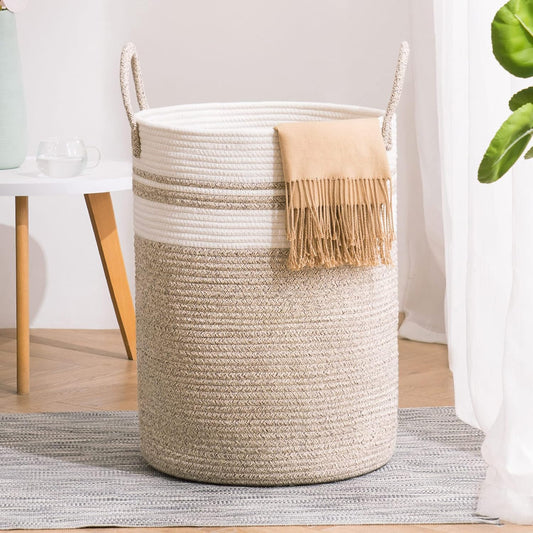 YOUDENOVA Woven Rope Laundry Hamper Basket, 100L Tall Laundry Basket, Baby Nursery Hamper for Blanket Storage, Clothes Hamper for Laundry in Bedroom-Extra Large-Brown