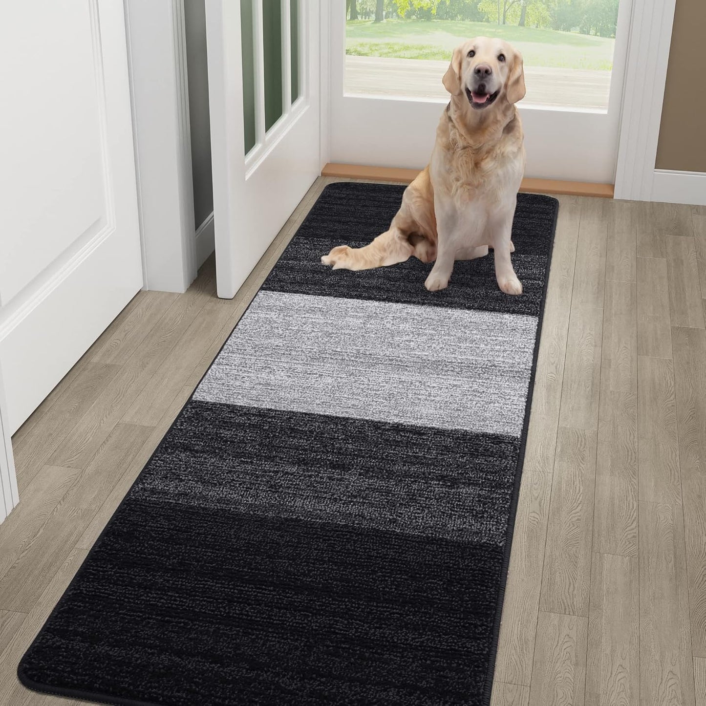 Kitinjoy Indoor Outdoor Door Mat, 48x30 Non-Slip Absorbent Dirt Trapper, Low-Profile Washable Inside Entrance Front Floor Mat, Sturdy Soft Entry Doormats for Entryway, Black