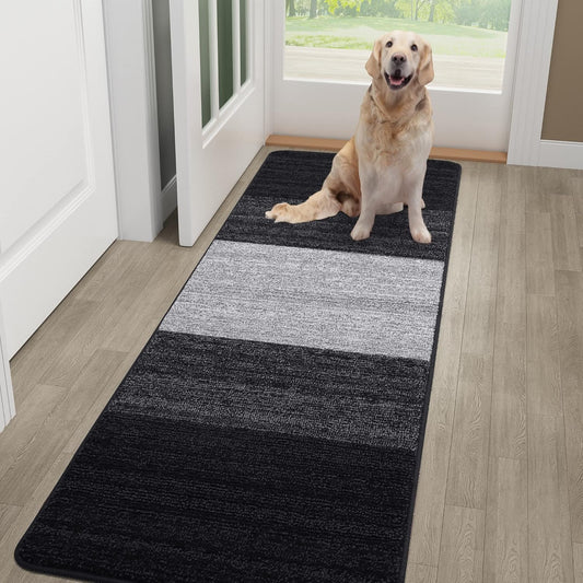 Kitinjoy Indoor Outdoor Door Mat, 59x20 Non-Slip Absorbent Dirt Trapper, Low-Profile Washable Inside Entrance Front Floor Mat, Sturdy Soft Entry Doormats for Entryway, Black