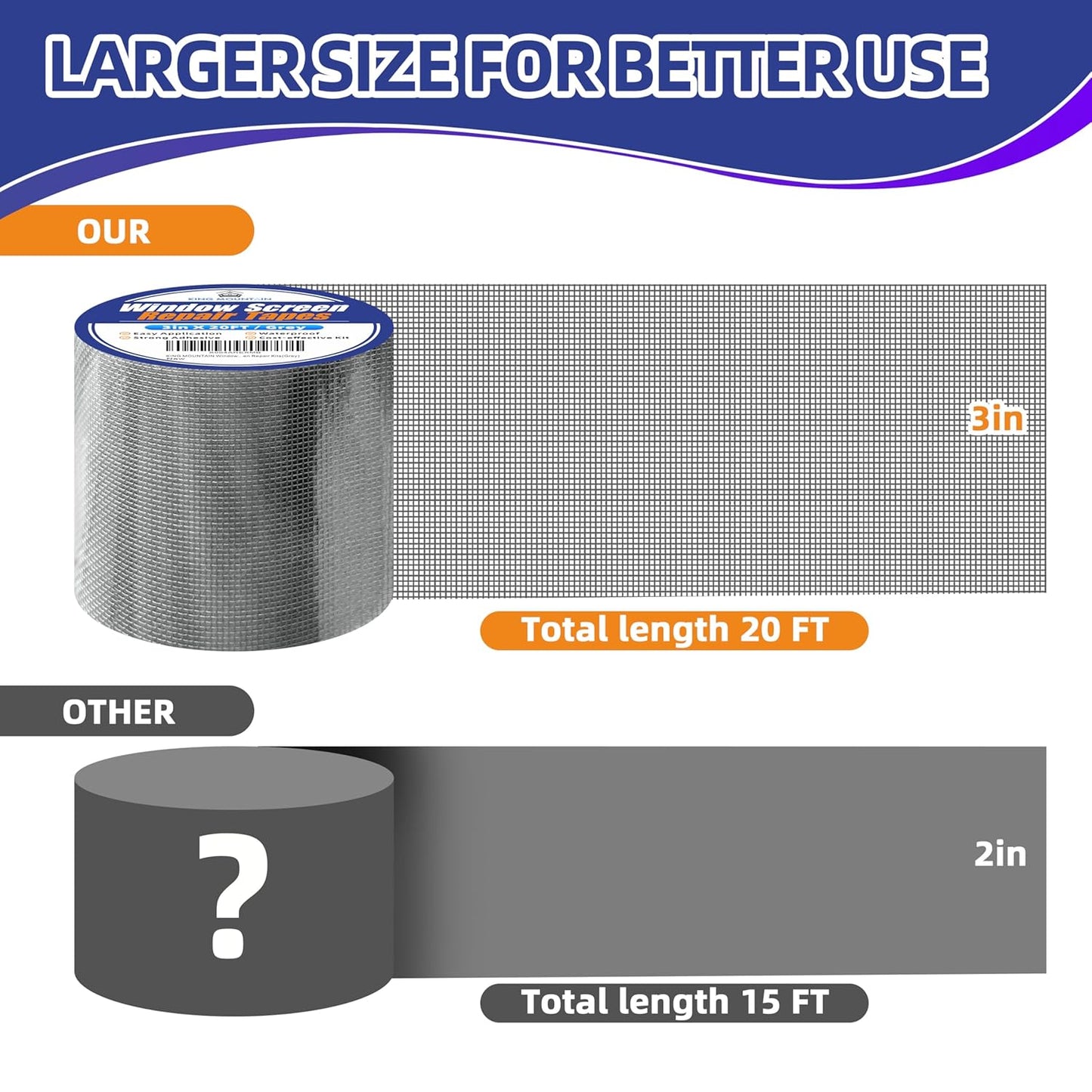 KING MOUNTAIN Grey Window Screen Repair Tape,3inX20FT Heavy Duty Screen Repair Kit for Window Screen and Screen Door Tears Holes,Strong Adhesive & Waterproof Window Screen Patch