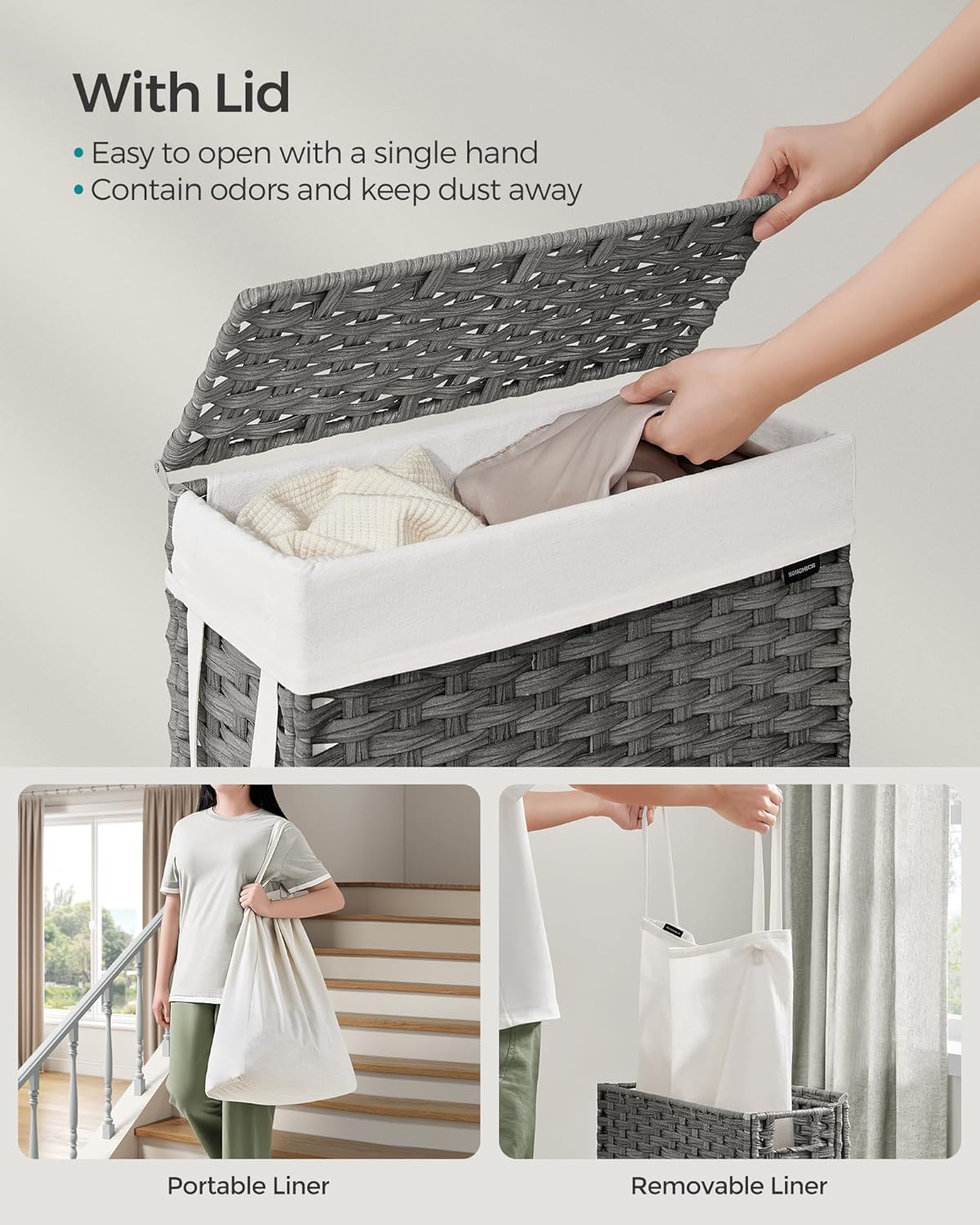SONGMICS Slim Laundry Hamper with Lid, 14.5 Gallon (55L) Rattan Clothes Laundry Basket with Lid and Handles, Foldable, Removable Liner, Dove Gray ULCB164G01