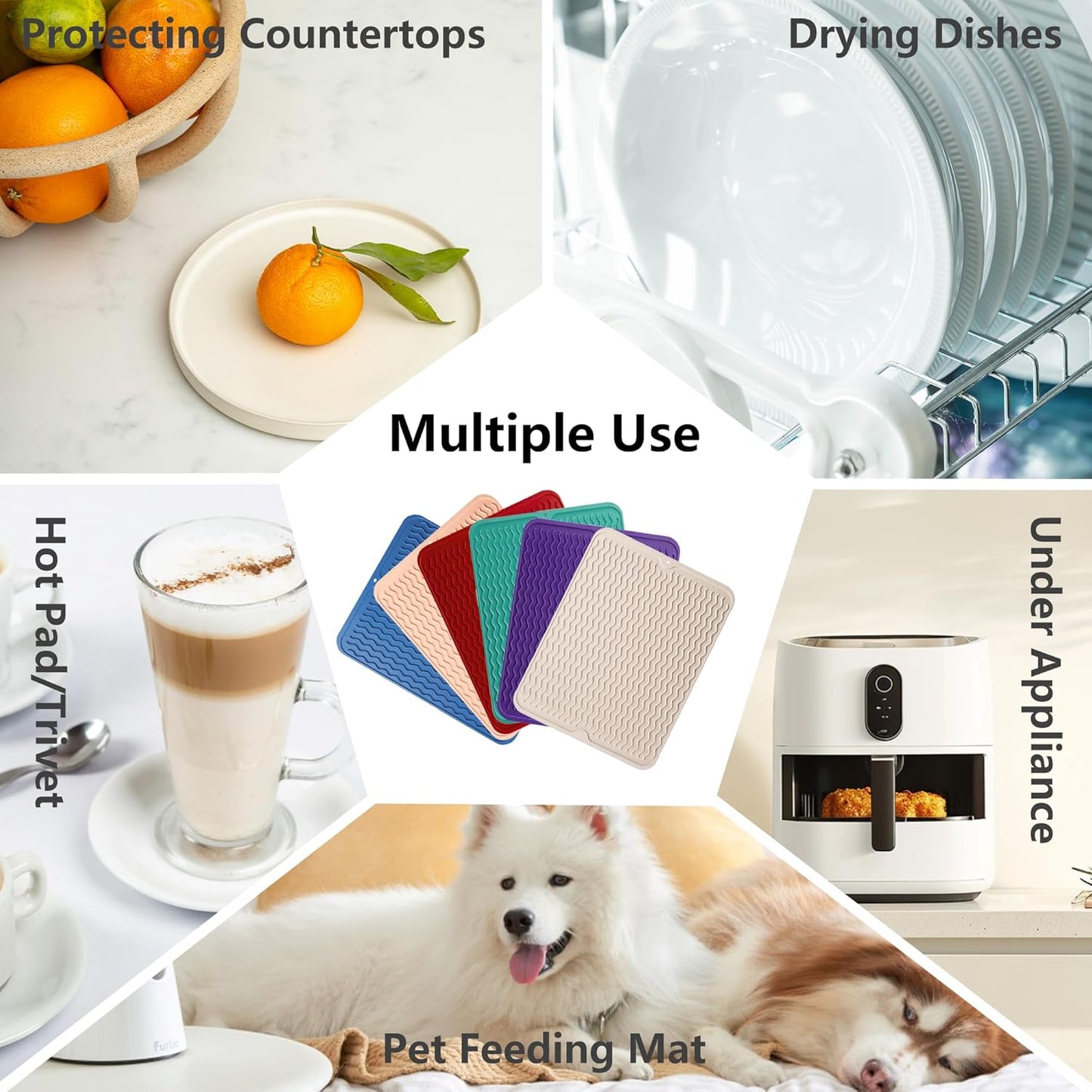 ZLR Silicone Dish Drying Mat for Kitchen Counter, Eco-Friendly Fast Dry Dish Mat, Easy Clean Multi Usage Drying Matt, Heat Resistant Trivet, 12" x 12" Middle, Peach Pink