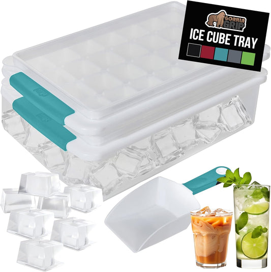 GORILLA GRIP Stackable Ice Cube Tray and Bin Set for Freezer, Includes 2 Trays with Lid and Scooper, Easy Release, Makes 56 Cubes, Cocktail Soda Coffee, Leak Proof Bucket Kit, Kitchen Tool, Turquoise