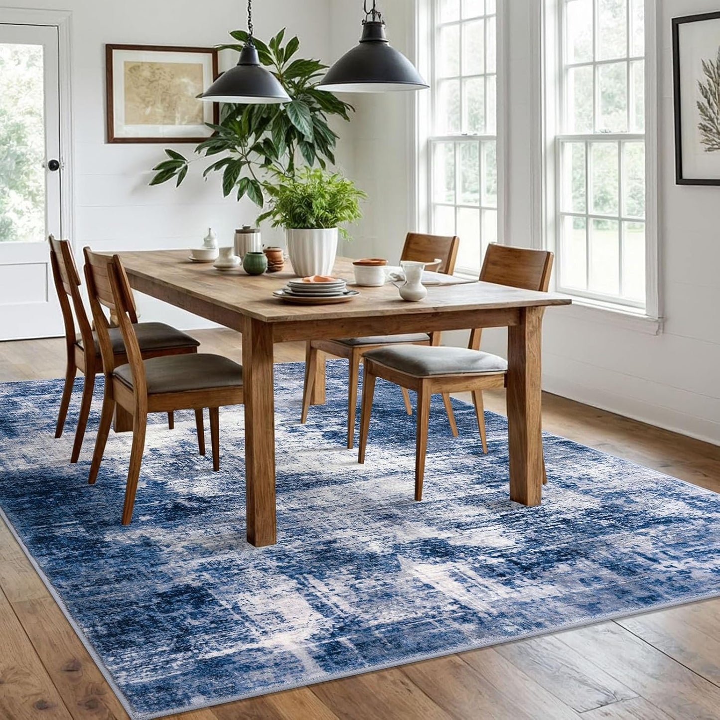 IOHOUZE Abstract Area Rugs 6x9 Ft Washable Rugs for Living Room, Non Slip Dining Room Rug, Printed Faux Wool Rugs for Bedroom, Floor Carpet for Office Nursery Playroom, Navy/Grey