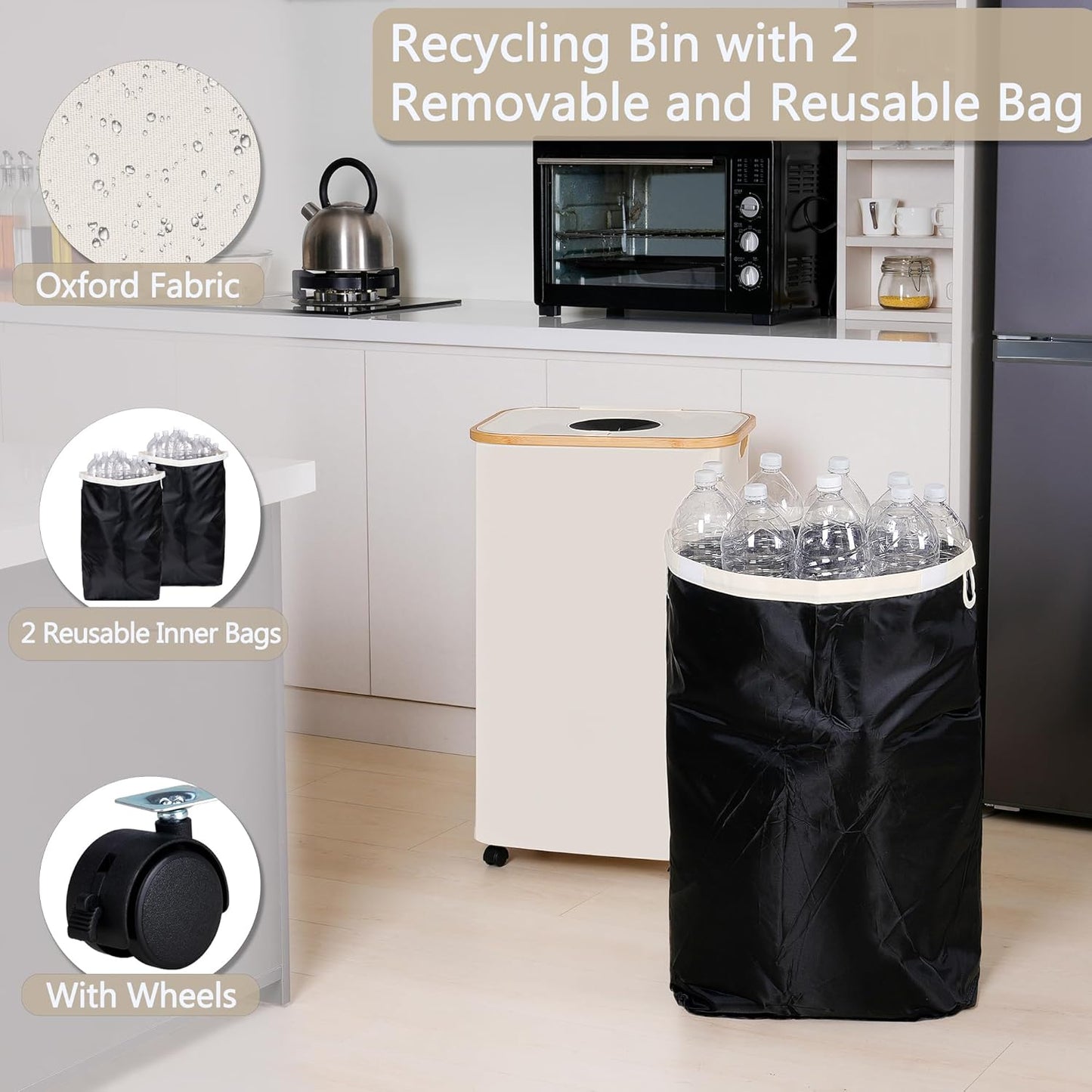 efluky Recycle Bins for Kitchen 100L (26 Gallon), Recycling Bin with Wheels and 2 Removeable and Reusable Inner Bags, Kitchen Recycling bin with lid for Bottle Can Plastice Stickers, Beige
