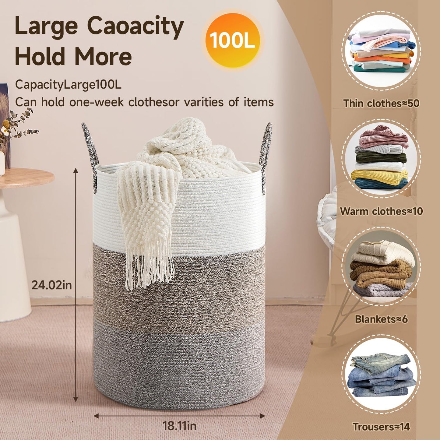 CLHMILY&Z 100L Laundry Basket Round Storage Rope Basket - 18.1x24 Inches - Laundry Hamper in Bedreoom and Mutil Storage Bin for Blankets, Toys, and Nursery Essentials