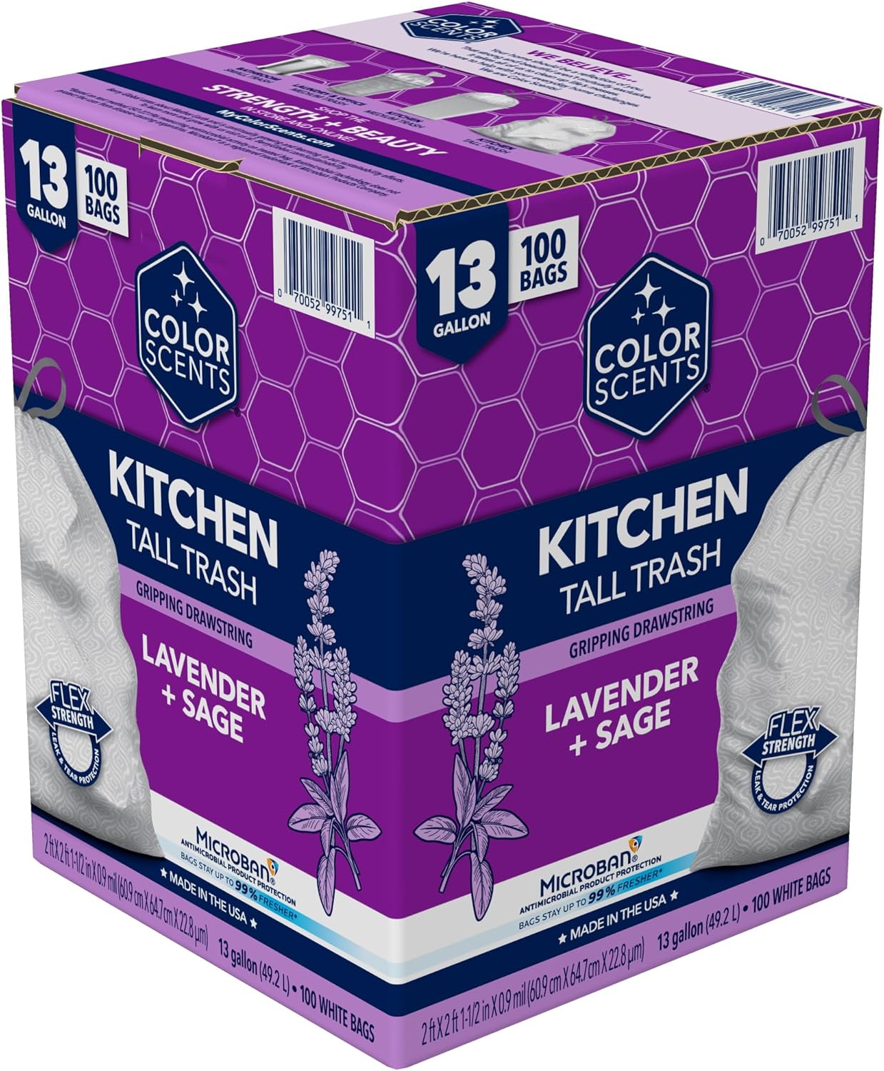 Color Scents Tall Kitchen Trash Bags - 13 Gallon, 100 Bags (1 Pack of 100 Count), Drawstring - White bag in Lavender + Sage Scent with Microban
