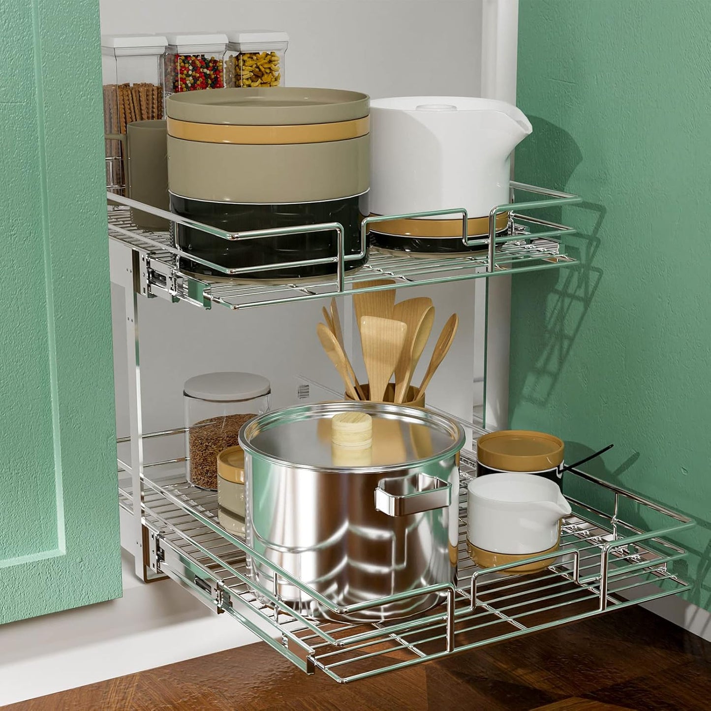 LOVMOR 2 Tier Individual Pull Out Cabinet Organizer 12½" W x 21½" D, Slide Out Kitchen Cabinet Storage Sliding Shelves
