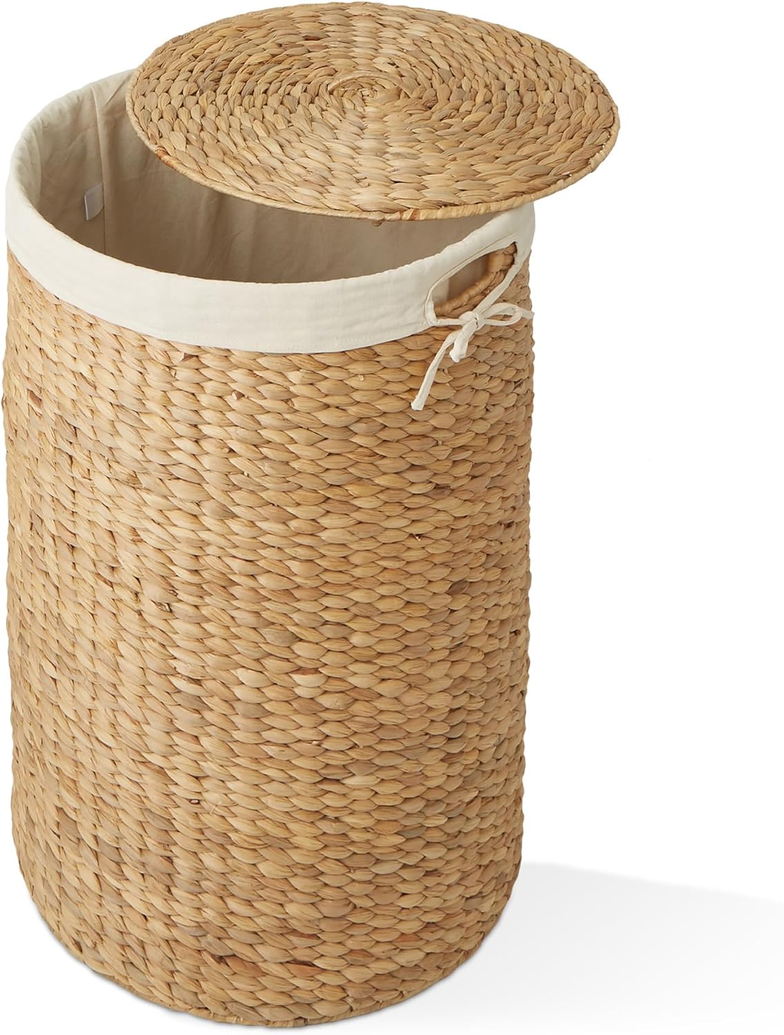 Casafield Round Laundry Hamper with Lid and Removable Liner Bag - Natural, Woven Water Hyacinth Wicker Laundry Basket for Clothes and Towels