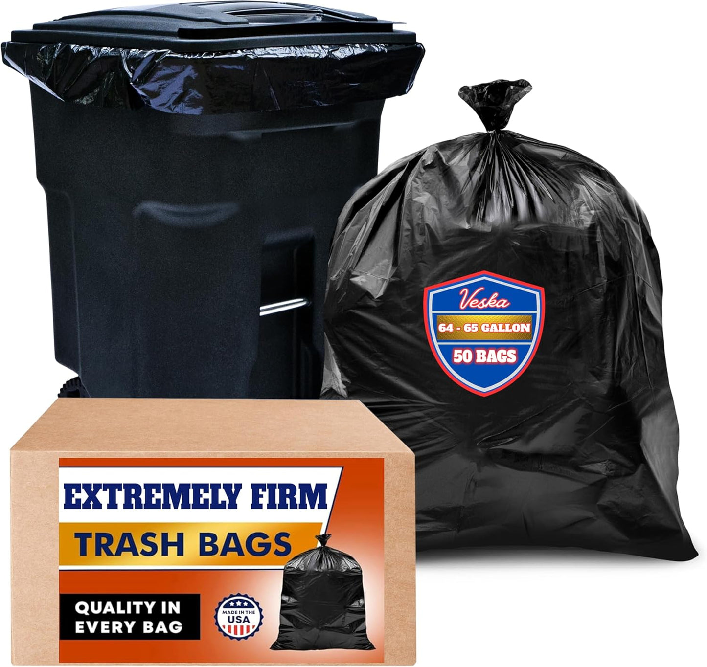 Veska 65 Gallon Trash Bags for Toter, (Value-Pack 50 Count w/Ties) Extra Large 64 Gallon Heavy Duty, 60 Gal Trash Bags Outdoor Garbage Can Liner for CustodiansExtra Large Garbage Bag 70 Gallon