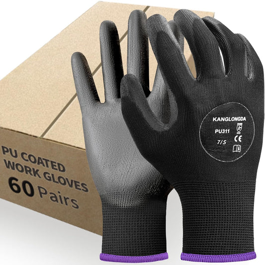 Kebada 60 Pairs Work Gloves Bulk Pack, Mens Work Gloves with Grip, PU Dipped Gloves for Warehouse, Construction, Gardening and Mechanics, Black, Small