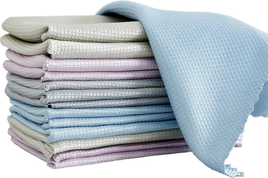 Streak Free Fish Scale Microfiber Cleaning Cloth Window,Car,Mirror,Screen,Windshield, Lint-Free Dish Glass Drying Polishing Kitchen Towels, 8 pcs Mixed Colors (Pink, Blue, Grey), 11.8'' x 15.7''