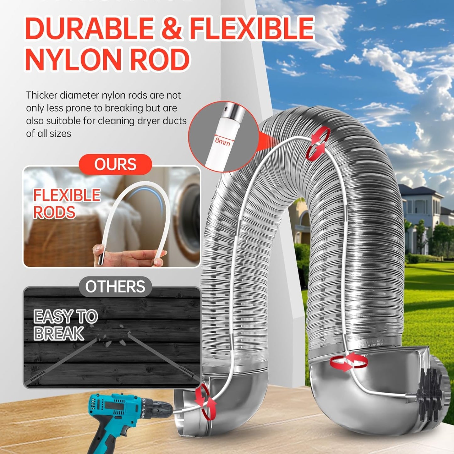 Dryer Vent Cleaner Kit, Bluesea 33-Piece Omnidirectional Dryer Cleaning Kit Include 40 Feet Dryer Vent Brush, Upgrade Noiseless Dryer Lint Vacuum Attachment, Lint Trap Brush, Vacuum & Dryer Adapters