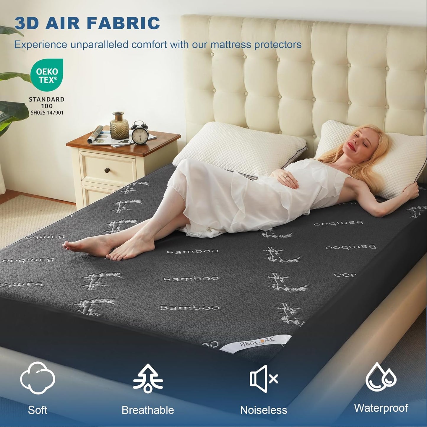 BEDLORE California King Size Mattress Protector Waterproof, Mattress Pad Fitted 6-18 Inch Deep Pocket, 3D Air Fabric Soft Double Bed Mattress Cover Noiseless Washable for Bedroom, Hotel, Gray