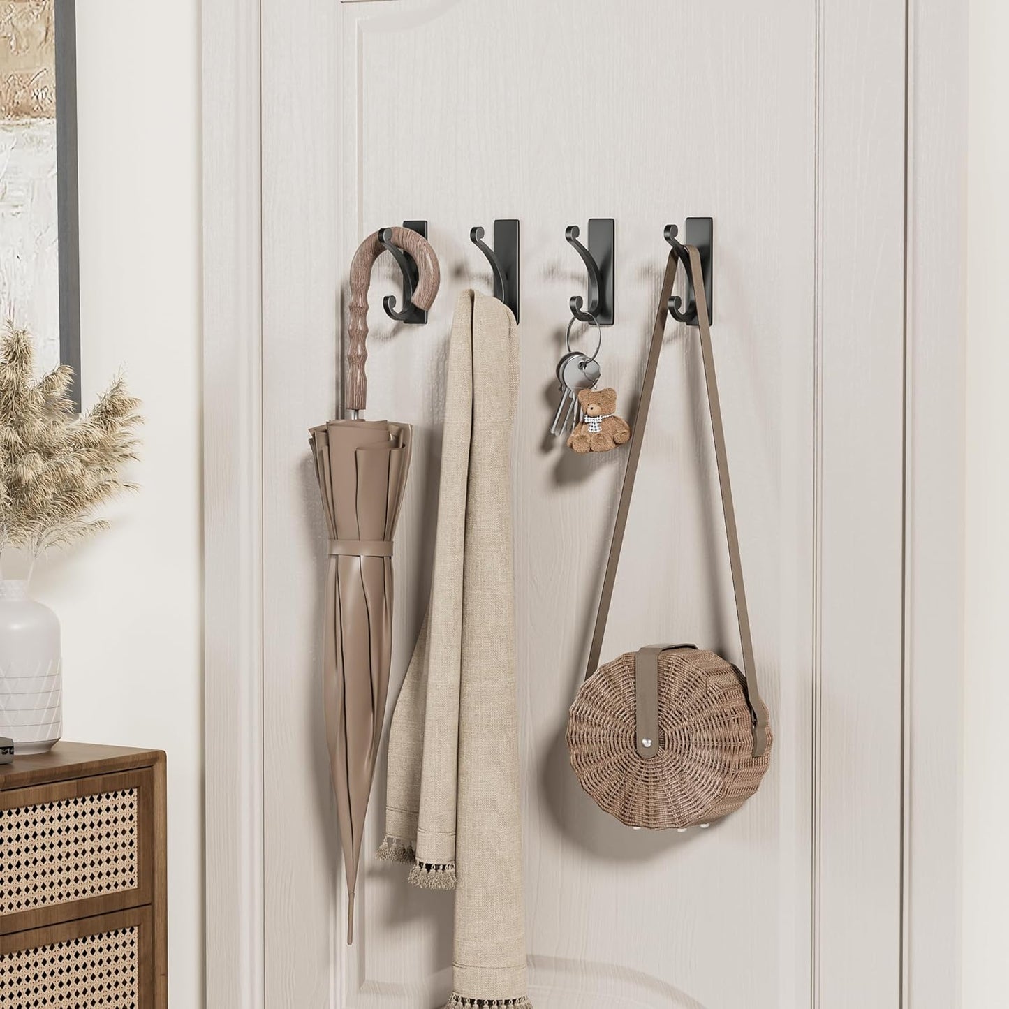 Adhesive Wall Hook for Towel/Coat - Extra Sticky 10LB Stainless, Stick on Hanger for Bath or Shower, Matt Black 8-Pack